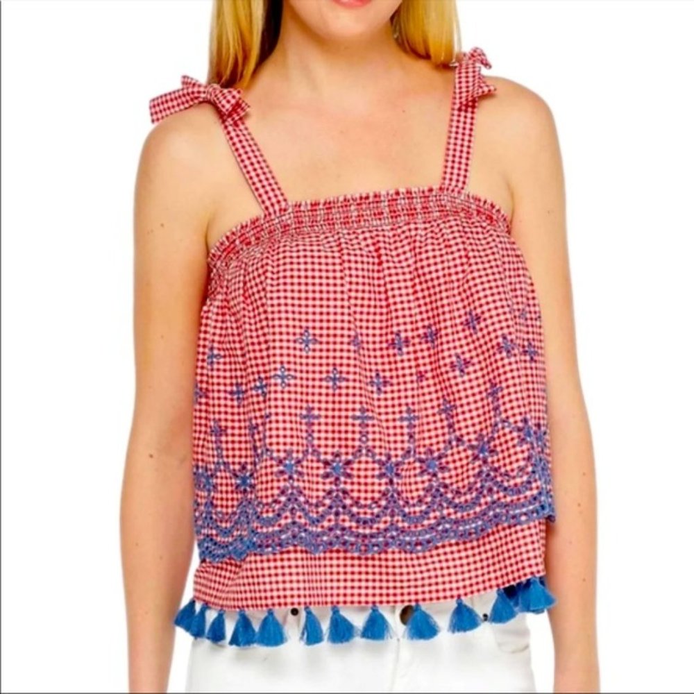 Crown & Ivy Checkered Picnic Print tank with Blue Embroidery and Fringe
